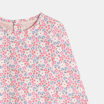 تيشيرت قطن واسع مضلع بطبعة الزهور باللون الوردي للفتيات الصغيرات